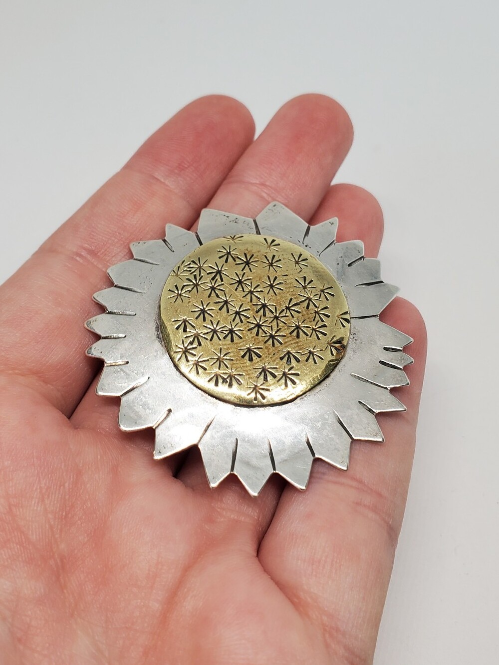 Vintage Sterling Silver Brass Modernist Sunflower Brooch
